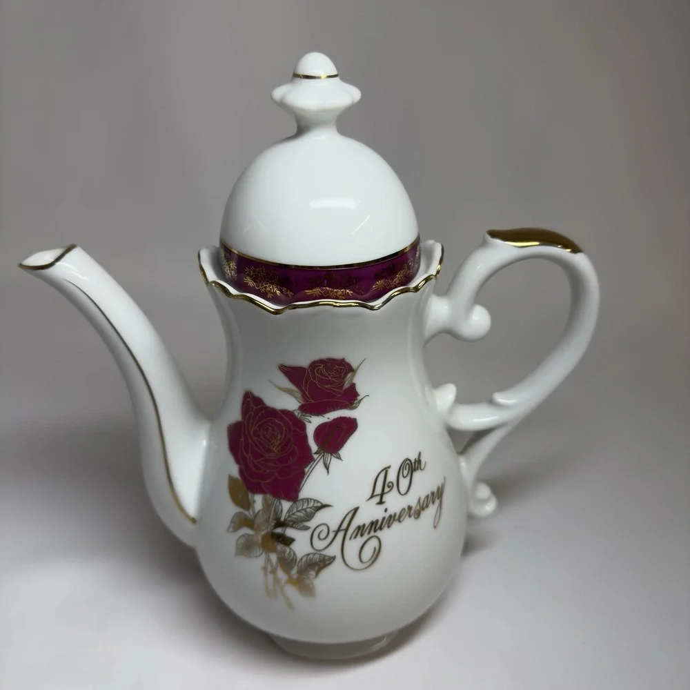 Vintage Nasco 40th Anniversary Fine China Tea Set 3pc White Gold Red Roses Japan